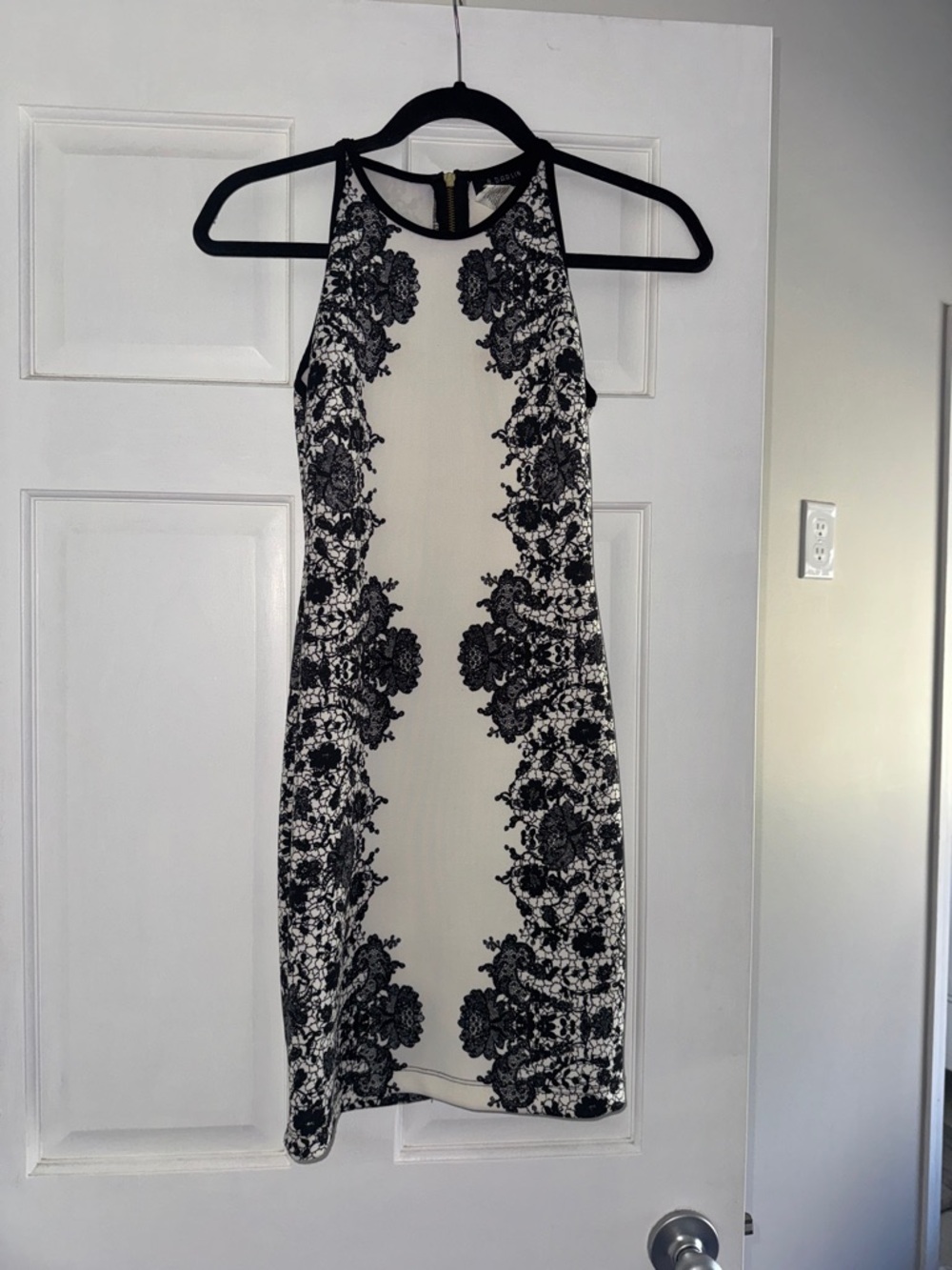 B Darlin Black and White Lace-Print Halter Mini Dress